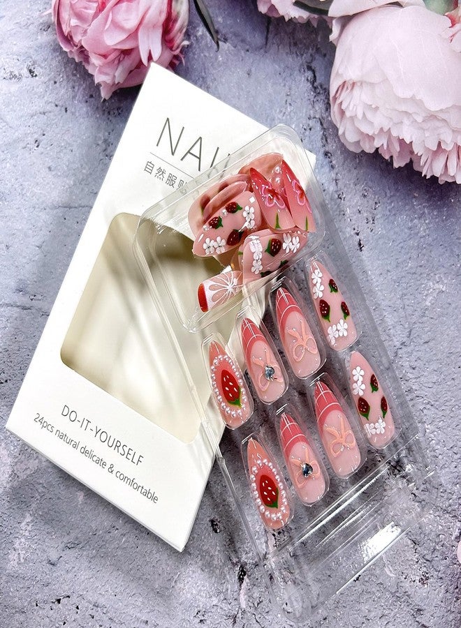 CJDLTS Flower Press on Nails Medium Almond Shaped Artificial Acrylic Nail French 3D Strawberry Floral Bow with Rhinestones Stick on Nails Full Cover Glue on Nail Artificial Fingernails for Women Manicure - Image 4